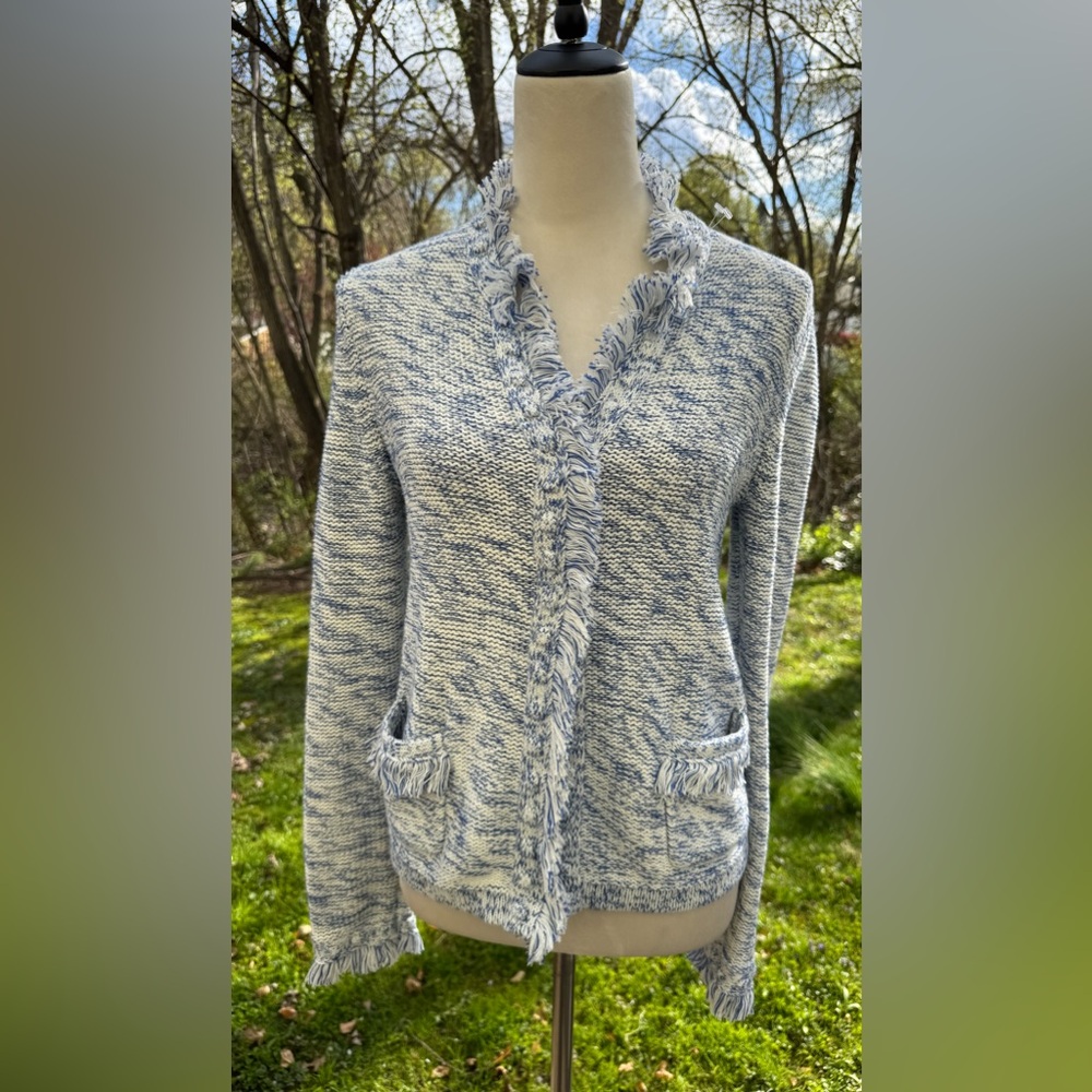 J McLaughlin Fringe Trim Cardigan Sweater Blue/White Size Small
